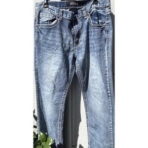 Vintage TRUE LUCK Slim Classic Stretch Full Blast Blue Denim Mens Jeans 36x32